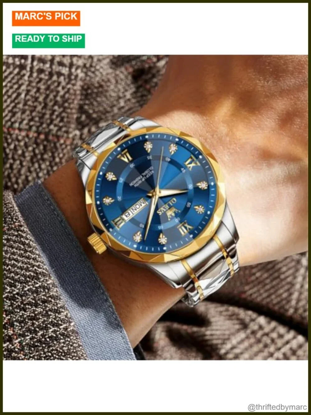Men's Luxury Diamond Casual Large Dial Watch Stainless Steel Waterproof